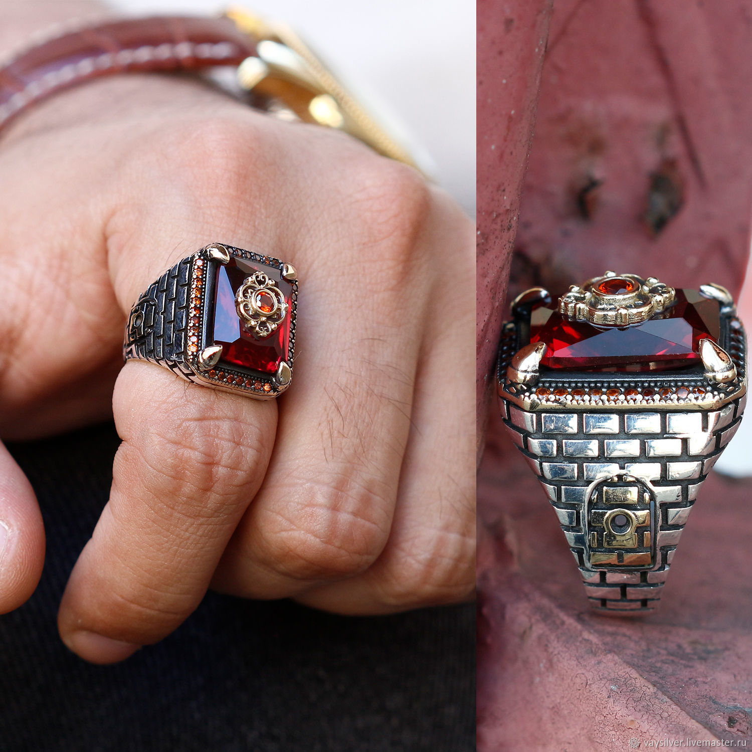  Инкрустация серебра кольцо серебряное с квадратным камнем, Перстень, Стамбул,  Фото №1