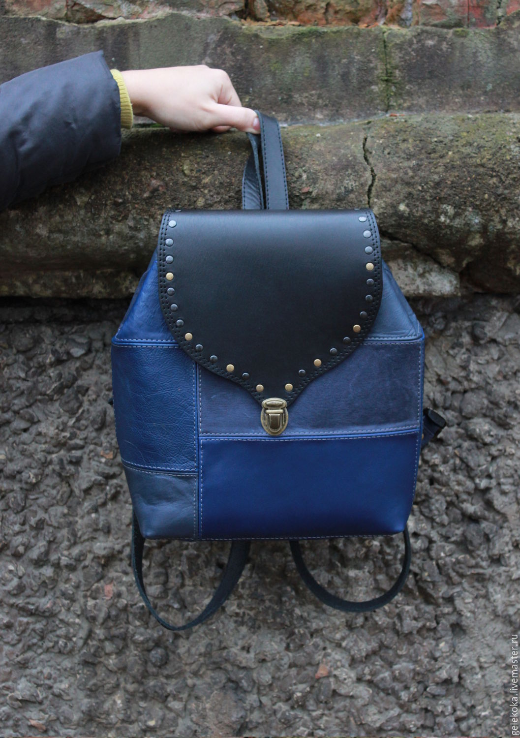 Backpack genuine leather Bohemian blue with rivets, Backpacks, St. Petersburg,  Фото №1