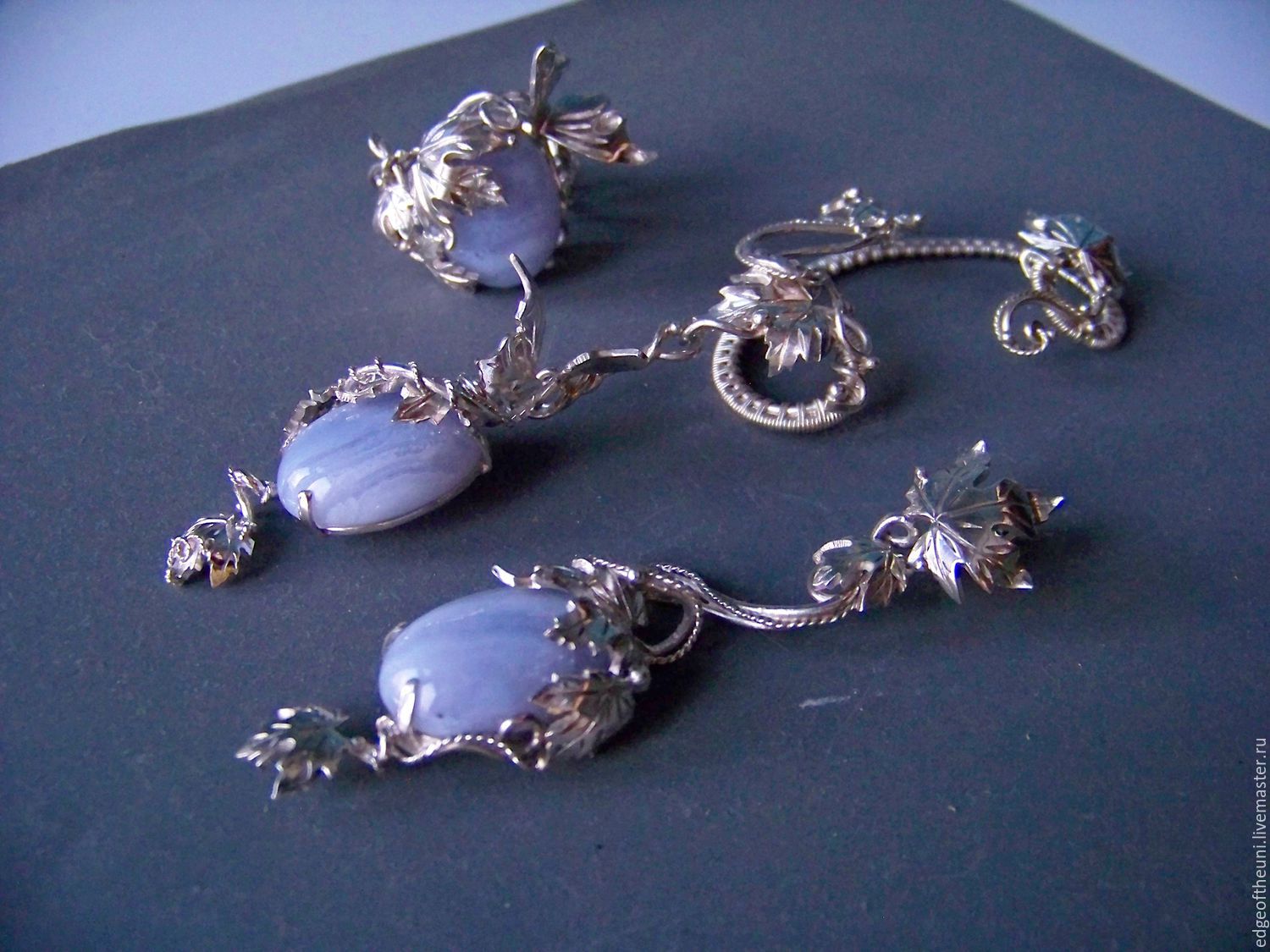 THE WIRE WRAP.Earring, cuff, ring.Agate.' Blue lace', Jewelry Sets, Krasnodar,  Фото №1