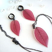Украшения handmade. Livemaster - original item Earrings with Real Poinsettia Leaves Pink Leaf Black Cubic Zirconia. Handmade.