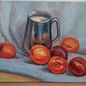 Картины и панно handmade. Livemaster - original item Oil painting Still Life with peaches on a gray background for the kitchen. Handmade.