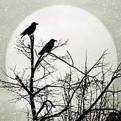 Картины и панно handmade. Livemaster - original item Black and white picture of crows Graphics Birds on a tree, winter Moon Poster. Handmade.