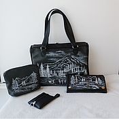 Сумки и аксессуары handmade. Livemaster - original item Leather set - bag, purse, cosmetic bag and housekeeper.Hand-painted.. Handmade.