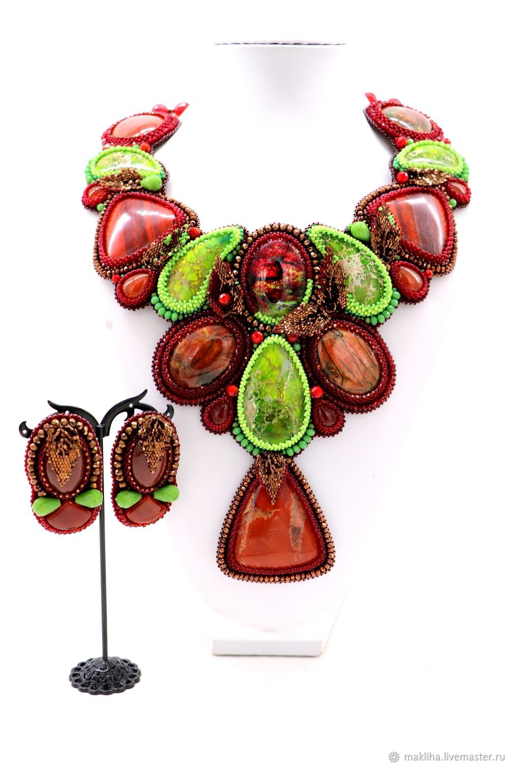 Red-green handmade beadwork necklace. Unique handmade gift for women, Jewelry Sets, Moscow,  Фото №1