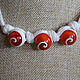 short light summer necklace made from linen threads and milky-white and orange white beads made of seashells - small, colorful touch to a summer outfit, reminiscent of the southern sun and sea depth
