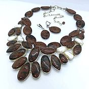 Украшения handmade. Livemaster - original item Aretha Necklace and Earrings - mahogany OBSIDIAN, PEARL beads.. Handmade.
