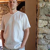 Мужская одежда handmade. Livemaster - original item T-shirts and T-shirts for men: linen T-shirt with a figured treatment of the bottom. Handmade.