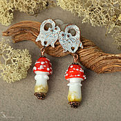 Украшения handmade. Livemaster - original item Earrings Fly Agaric and cats lampwork boho nature mushrooms. Handmade.