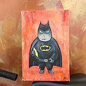 Картины и панно handmade. Livemaster - original item The author`s painting Batman the cat on red painting 20 cm. Handmade.