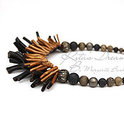 Украшения handmade. Livemaster - original item Necklace with corals Golden autumn, coral bronze pyrite agate lava black. Handmade.