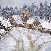 Картины: маслом Снежная зима в русской деревне с церковью 30х40