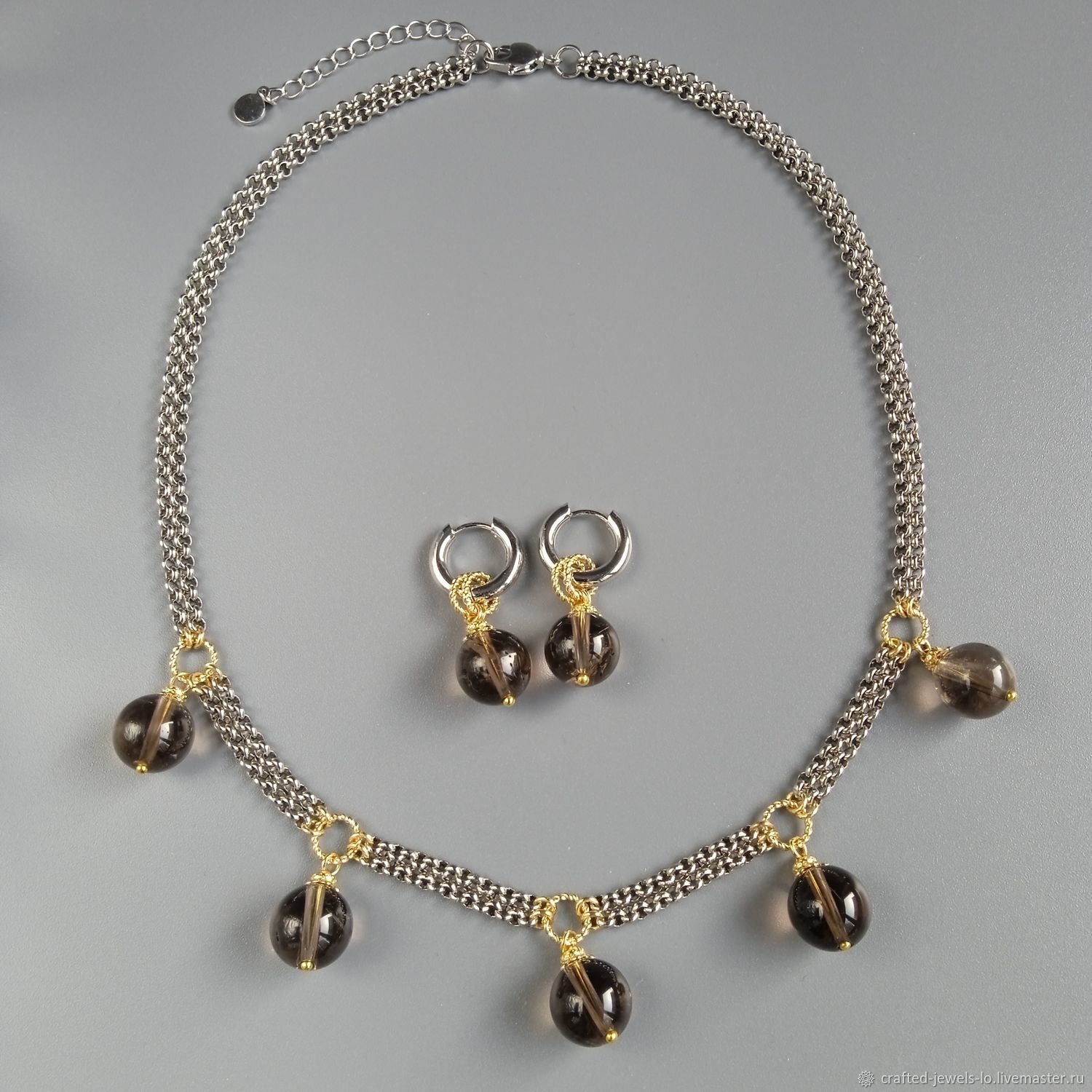 Комплект: колье-цепь с раухтопазом, два цвета металла и серьги-кольца в интернет-магазине Ярмарка Мастеров по цене 5000 ₽ – WL9WSRU | Комплекты украшений, Москва - доставка по России