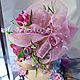 Author's sweet, feminine hat handmade faux sinamay delicate pink color with Golden patches, decorated with delicate flower buds of peonies and roses the Breath of Spring
