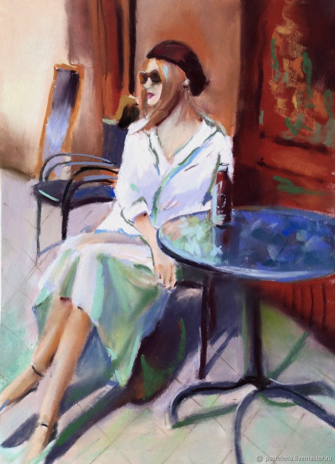 Картина пастель Летнее кафе (рыжий сине-зеленый девушка), Картины, Южноуральск,  Фото №1