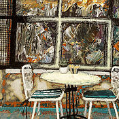 Картины и панно ручной работы. Ярмарка Мастеров - ручная работа Painting on canvas Table for two (cafe, city, orange, turquoise). Handmade.