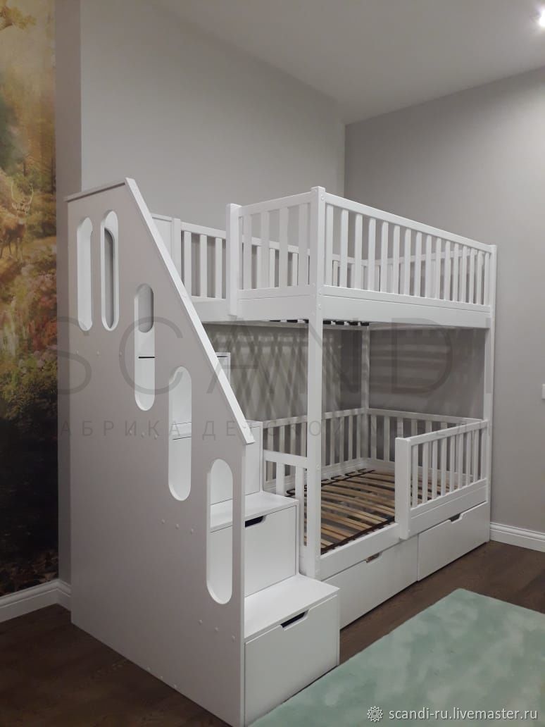 Детская двухъярусная кровать с лестницей комодом из массива в интернет ...