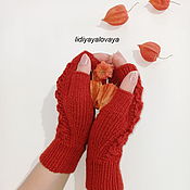 Аксессуары handmade. Livemaster - original item Mitts: Knitted openwork mitts terracotta fans. Handmade.
