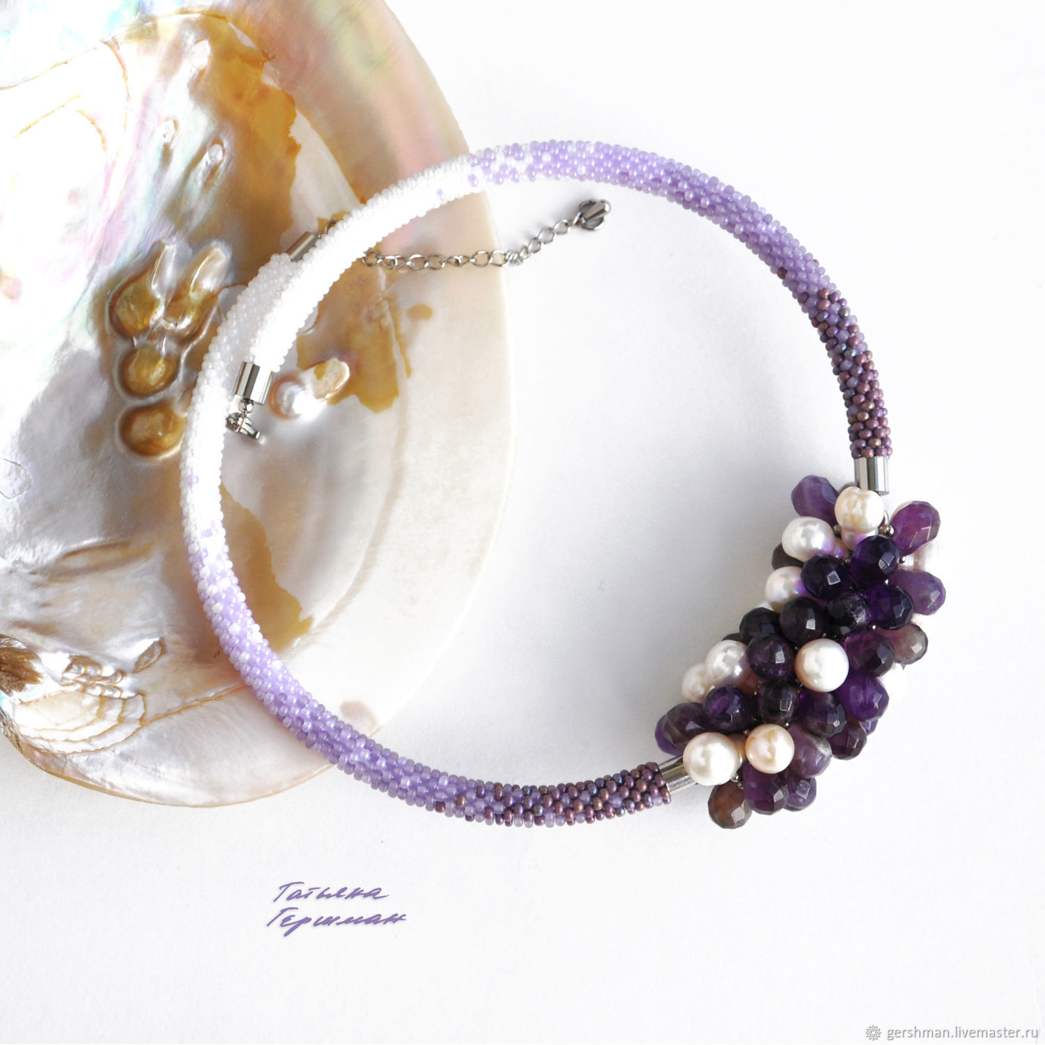 Pearl necklace made of natural amethyst, pearls and beads lilac, Necklace, Tomsk,  Фото №1