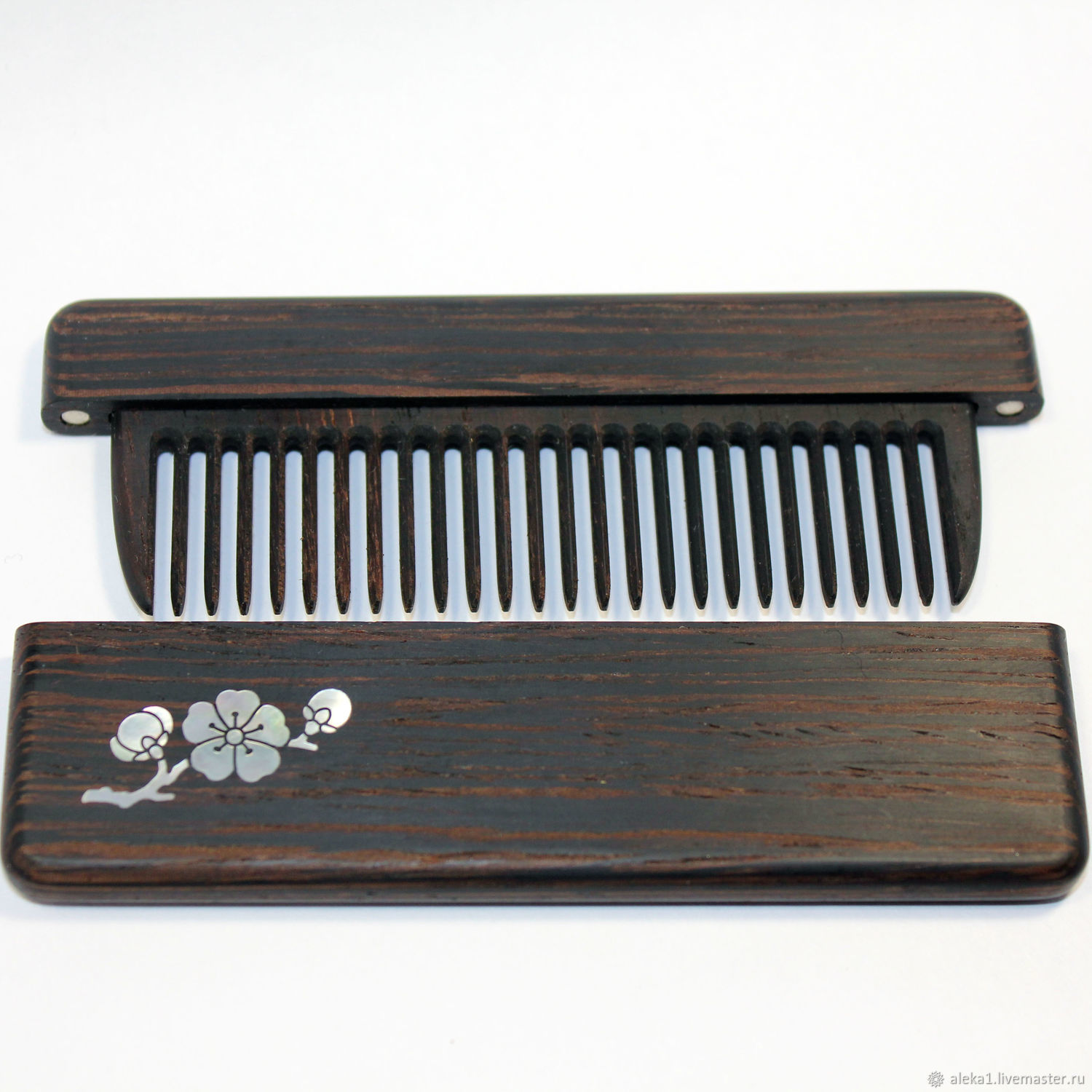Wooden wenge comb in case with Inc pearl Sakura branch, Combs, Nakhabino,  Фото №1