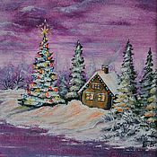 Картины и панно handmade. Livemaster - original item Picture miniature Christmas tree, Pink evening, 20h15, oil. Handmade.