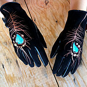 Аксессуары handmade. Livemaster - original item Black women leather gloves.Unique design "Peacock feather" Size 6.5. Handmade.