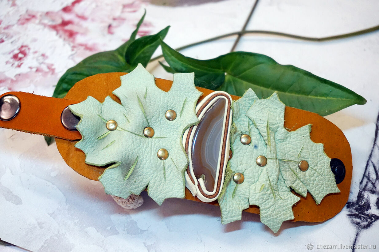 Leather bracelet with leaves and agate, Bead bracelet, Chelyabinsk,  Фото №1