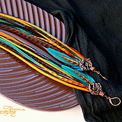 Bright long light green-blue earrings with a large peacock feather