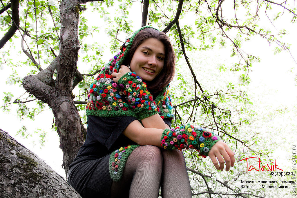 Set (mittens and bactus) knitted ' Poppy field', Mitts, Moscow,  Фото №1