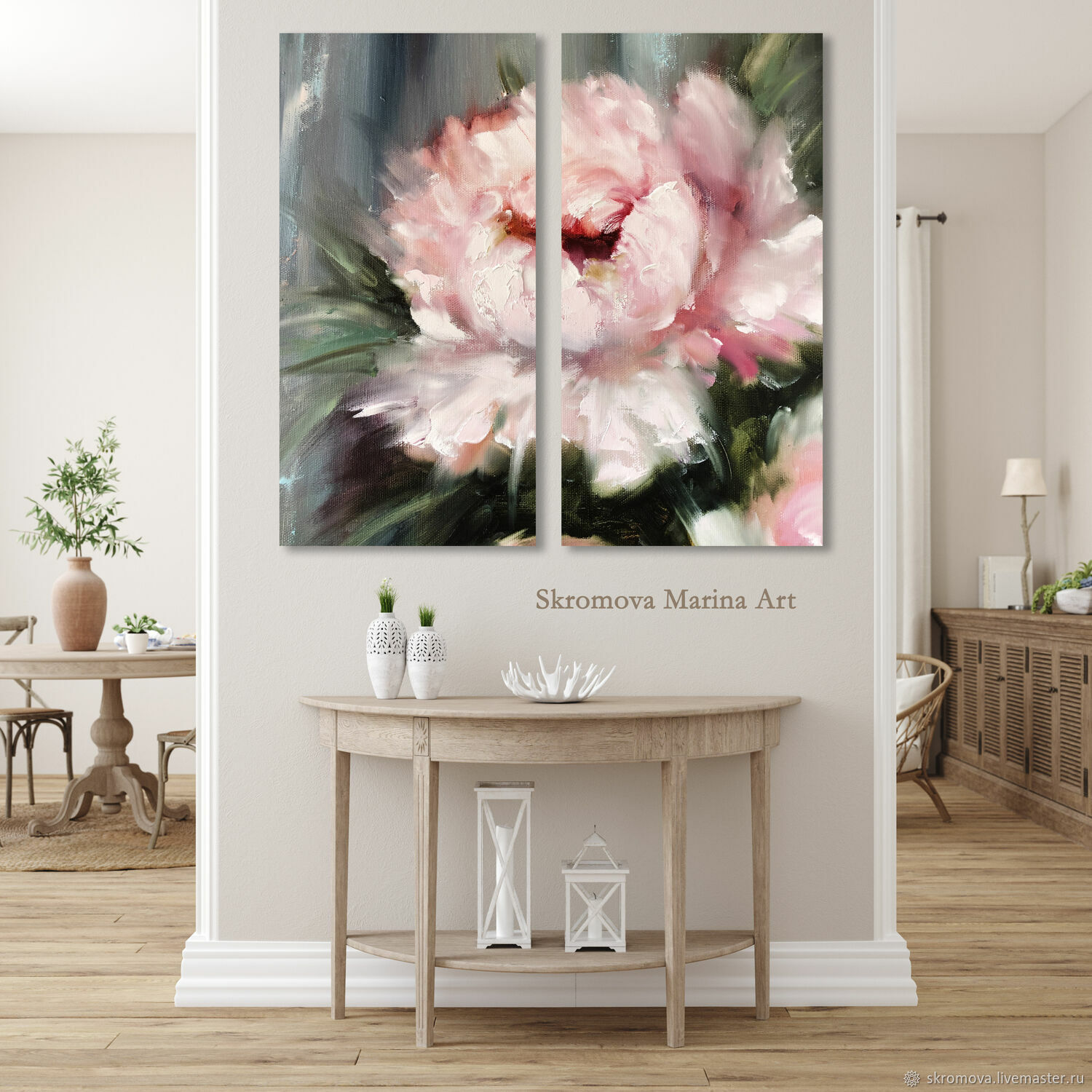 Modular painting with a peony. Two paintings with pink peony oil, Pictures, Moscow,  Фото №1