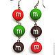 Зеленые красные желтые серьги "m&m's" из полимерной глины, Серьги классические, Москва,  Фото №1