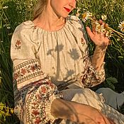 Платье в русском стиле "Княженика", льняное с кружевом