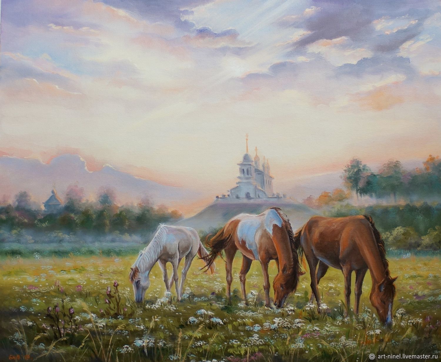 Хорс белгород. Картины с лошадьми на природе. Пейзаж лошадь с рогом.