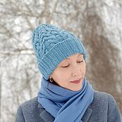Аксессуары handmade. Livemaster - original item Caps: Winter knitted hat with wool lapel, warm, blue. Handmade.