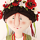 Кукла высотой 50см. Сидит и стоит с опорой.
Одежда: сорочка, жилет, юбка, панталоны, веночек, пояс, бусы. Одежда снимается. 
Материалы: лён, хлопок, шитьё, шерсть для валяния, вышивка рококо, фетр, 