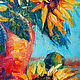 Картина с подсолнухами Букет цветов в вазе Оранжевый Синий Холст Масло. Картины. Живописные радости. Интернет-магазин Ярмарка Мастеров.  Фото №2