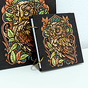 Канцелярские товары handmade. Livemaster - original item Copy of Sketchbook wood cover 16x16sm "Cat in forest". Handmade.