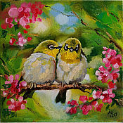 Картины и панно handmade. Livemaster - original item Painting A pair of birds Canvas 20 x 20 cm. Birds on a flowering branch.. Handmade.