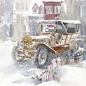 Новогодняя открытка "Снежный автопром". Авторская открытка. Акварель