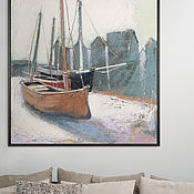 Картины и панно handmade. Livemaster - original item Painting on canvas 100h100 cm Houses and boats (gray, red). Handmade.