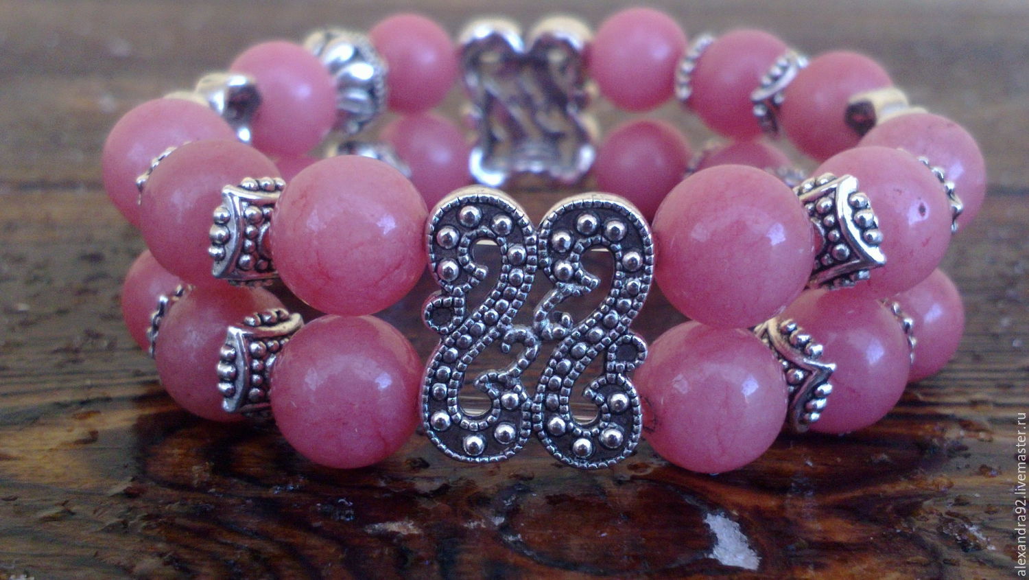 Двухрядный браслет из розового кварца "Розовый сад", розовый браслет