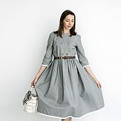 Linen dress grey with white polka dots