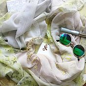 Палантин шарф Туман шелк батик зеленый серый фиолетовый сиреневый