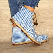 Обувь ручной работы handmade. Livemaster - original item Knitted boots with lacing, blue cotton. Handmade.