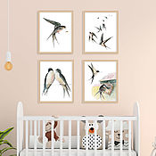 Картины и панно handmade. Livemaster - original item Swallows Set of 4 Posters Paintings with Birds for a girl`s nursery. Handmade.