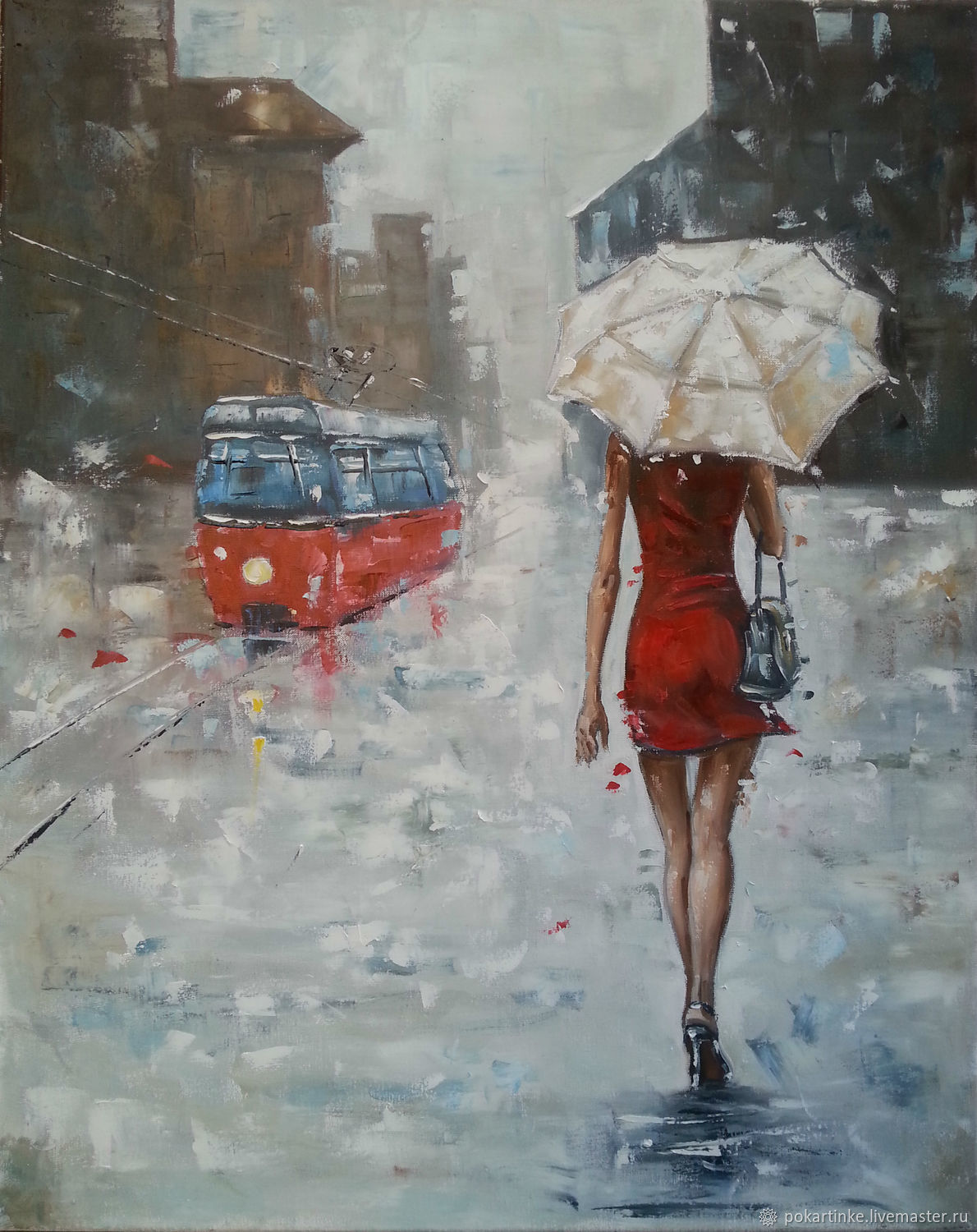 Картина девушка с зонтом под дождем