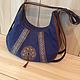 Leather women's bag in boho style with decor on two long straps of blue / brown soft shape volume comfortable on the lock with pockets. Decor-braid, leather, mandala, rivets, brush
