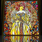 Картины и панно handmade. Livemaster - original item Illuminated painting \ panel \ stained glass Portrait of a girl (Alphonse Mucha). Handmade.