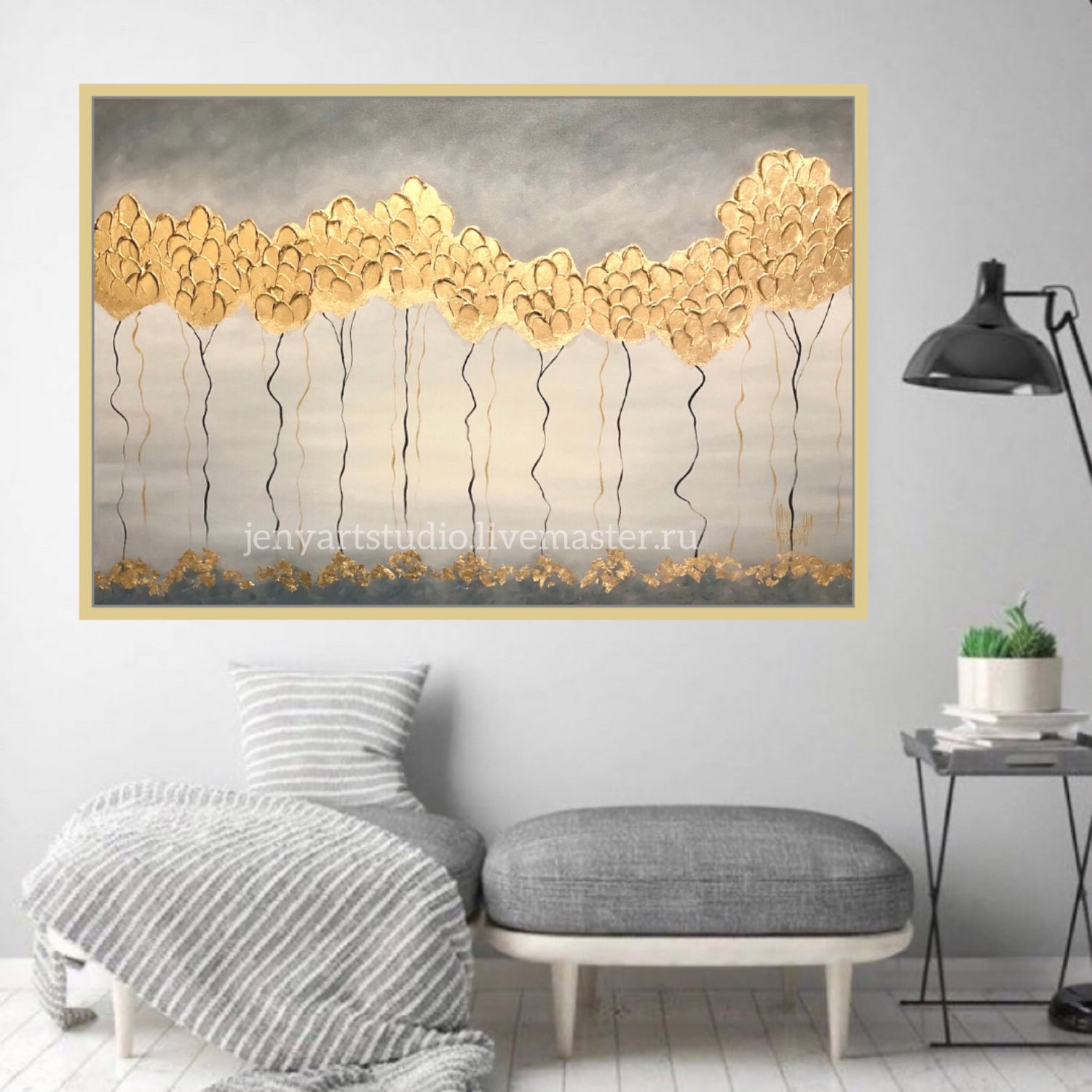 Large abstract painting 'Golden forest' in light colors with gilding, Pictures, Kolomna,  Фото №1