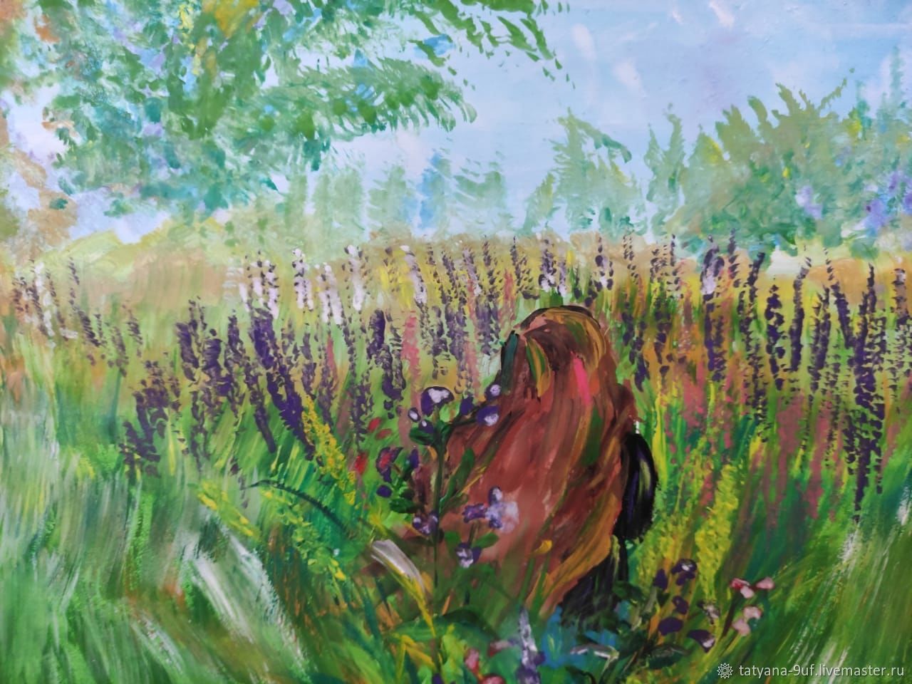 Картина гуашью поле цветы луг лес дерево поляна иван чай
