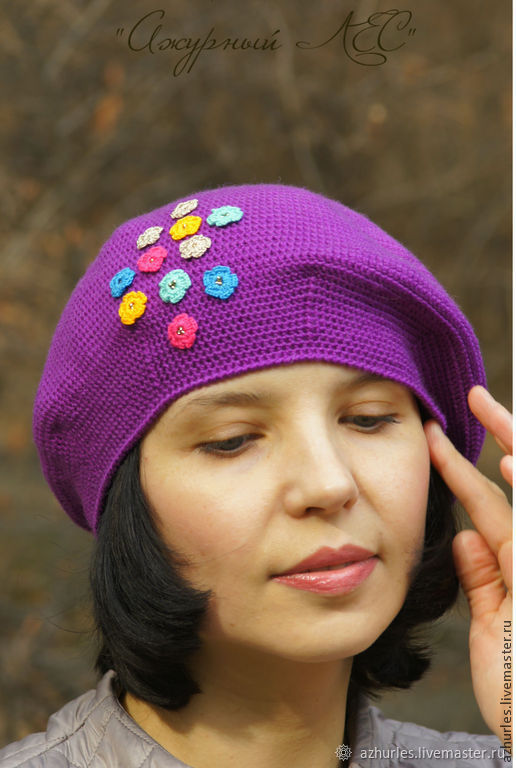 Beret hat for spring winter elegant women's knitted lilac bright, Berets, Ekaterinburg,  Фото №1